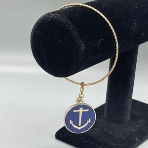 Gold Tone Textured Bangle Bracelet Blue Enamel Anchor Charm Nautical‎ Jewelry